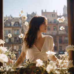 woman with long brown hair standing between flowers