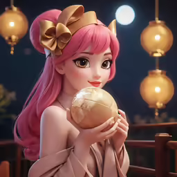 an animated character holding up a round gold object