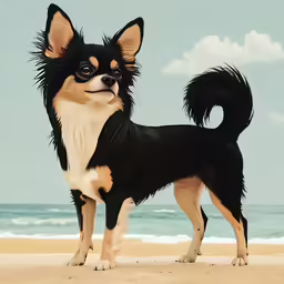 a chihuahua dog standing on top of a sandy beach