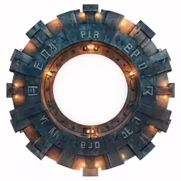 an abstract circular sculpture made of metal and illuminated
