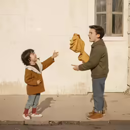 a man and boy standing on the street while playing with an object