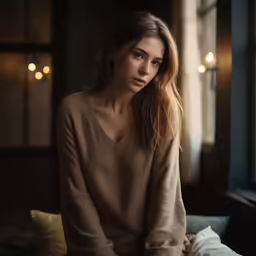 a young woman is sitting in a dark room