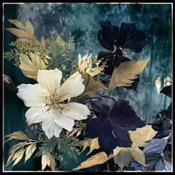 flowers with green and blue leaves and a brown base