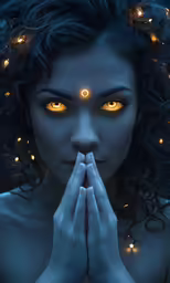 a woman with yellow eyes and glowing strings of lights around her chest