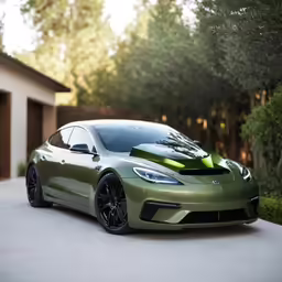 a green car sitting on the driveway by a garage