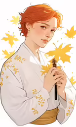 the red haired person with a flute stands in front of leaves