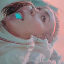young girl with blue light in her mouth laying on white sheet