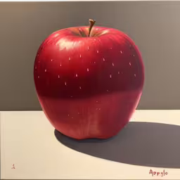 there is an apple on the table painted like it has an eyeball in it,an apple that is sitting on a table,a apple painted on a canvas in a studio setting,an apple with spots sitting on a table,this is an artist