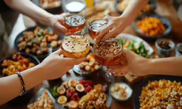 people hold hands to toast over food and drinks