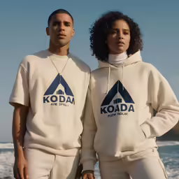 man and woman standing close together with ocean in the background