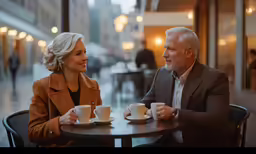 an older couple enjoying coffee in a restaurant