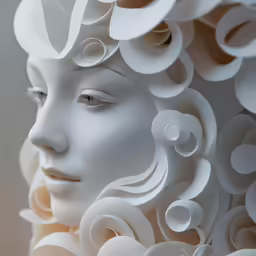 a white sculpture depicting the face of a female wearing circles and wavy shapes
