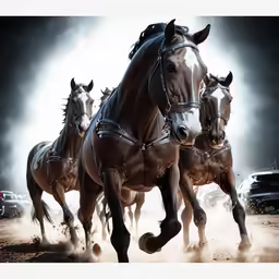 four horses running through the sand near a truck