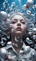 a beautiful woman with white pearls floating around