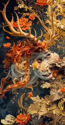 an artistic painting of an animal and fall leaves