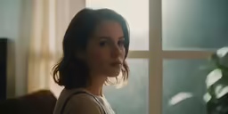 a woman standing next to a window looking out