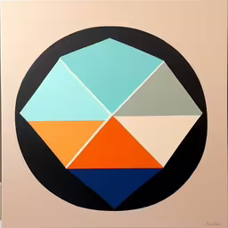 a large colorful circular painting on canvas with a neutral background,a colorful circle is shown with squares in the center,a painting on a wall with an orange blue and green design,an artwork with various colors and shapes displayed in a circle,an abstract art piece of shapes and colors