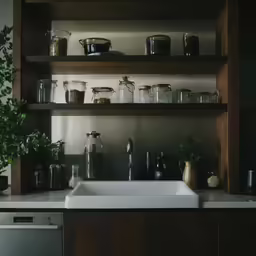many containers and cans lined up on the wall behind a kitchen sink