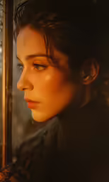 a woman looks out of a window and has dark hair