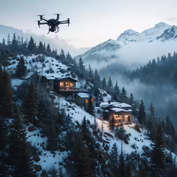 a house with lights on it sitting on the mountain