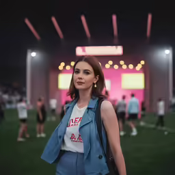 a woman standing next to a soccer field