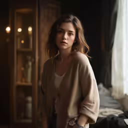 a woman standing on a bed in a bedroom