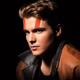 the man with the red strip is wearing black leather jacket