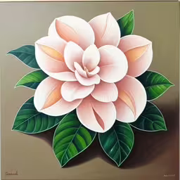 a painting of a pink flower with green leaves,a painting of a flower with green leaves