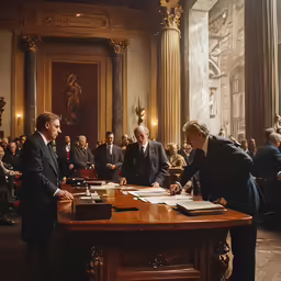 three men in suits and ties standing over a table