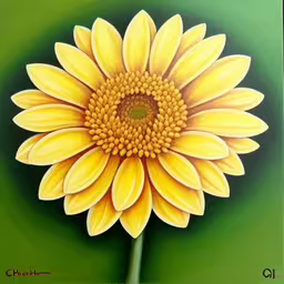 a painting of a yellow flower on a green background,a painting of a yellow sunflower on a green background