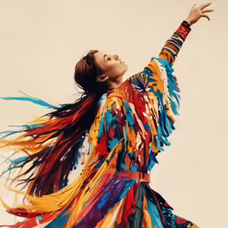 a woman wearing colorful clothing is reaching for the sky