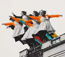 a group of people that are standing on top of a building