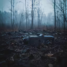 a camera is on the ground in a dark, scary forest