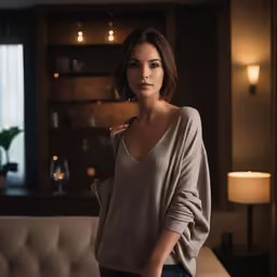 a woman is posing in front of a light
