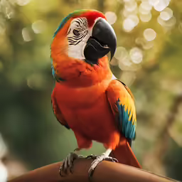 a large orange, blue and yellow parrot perched on a branch