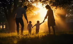 two adults and one child walking in a field