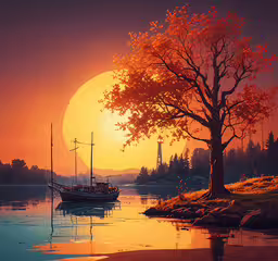 an orange sunset with boats at the dock,this is an oil painting of two ships in the water