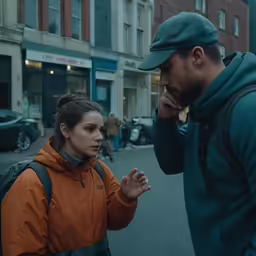 a man and woman are standing together in the street