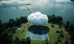 a white cloud is floating in front of the body of water