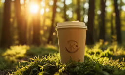 coffee cup sitting on the ground in the woods