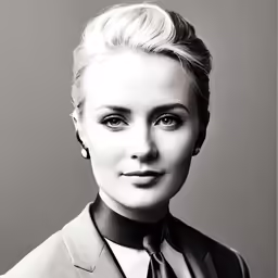 woman in business suit with white hair and brown eyes