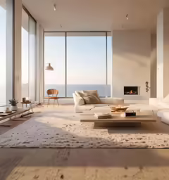 a large, white room has high ceilings and floor to ceiling windows