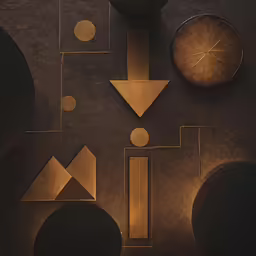 a clock and some shapes on a black background