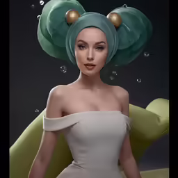 an art work of a woman with large bubbles and hair
