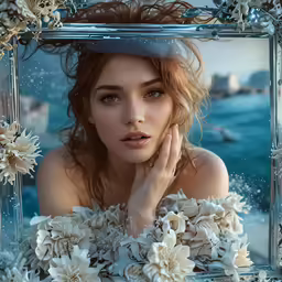 a beautiful young woman laying on top of flowers