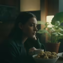 a young woman sits at a table with a bowl of food