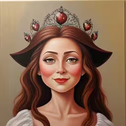 painting of a smiling woman with long brown hair wearing a crown,a portrait painting with a crown, eyes and hair