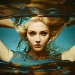 the young woman is standing behind a pool of water
