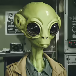 an alien man standing in front of various control rooms