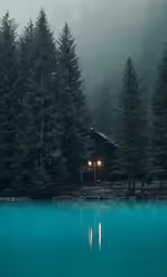 there is a cabin that can be seen in the woods
